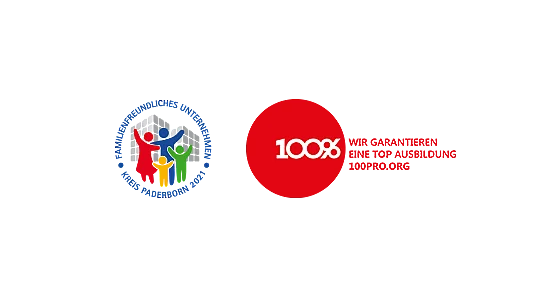Logo: Familienfreundliches Unternehmen, Kreis Paderborn, 2021 und Logo: 100Pro, wir garantieren eine top Ausbildung, 100pro.org